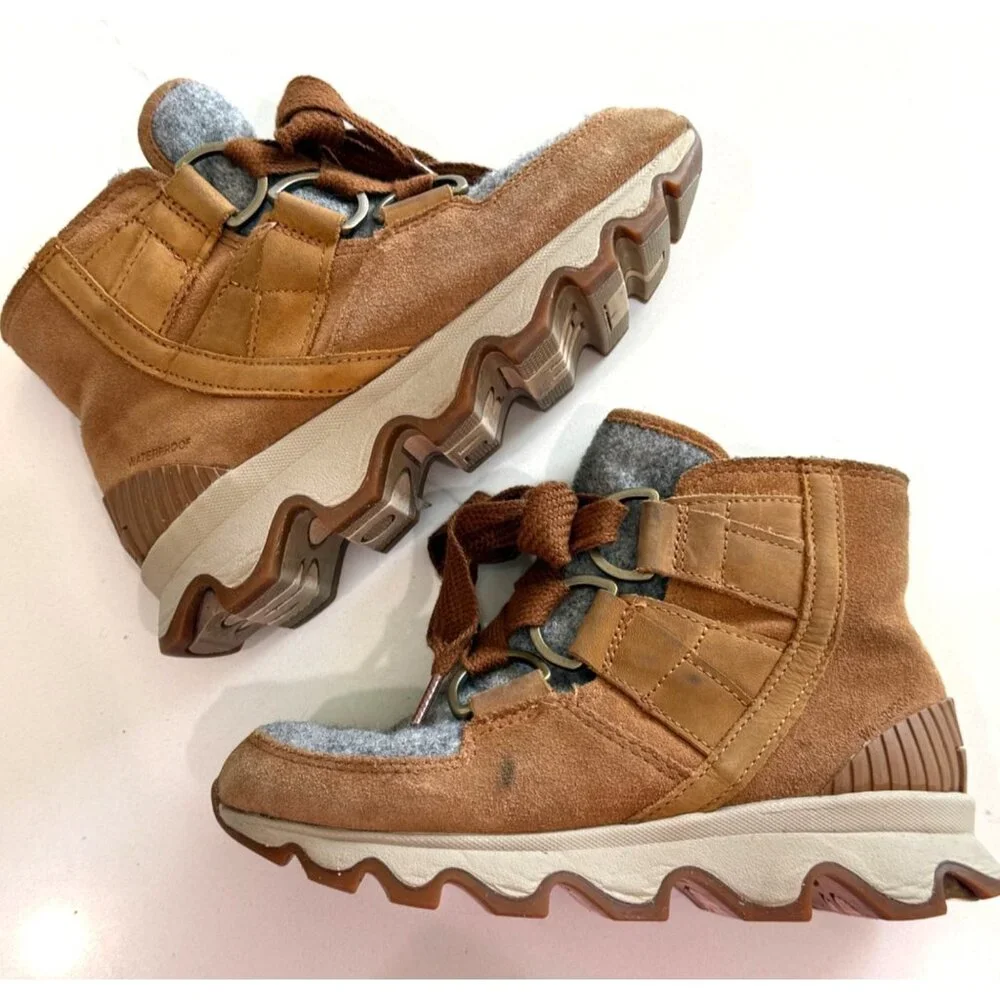 Sorel‎ Womens Kinetic Leather Ankle Boots Fur Lining Rubber Size 5 Brown Suede